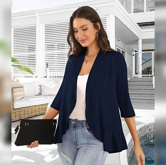 NEW Cardydony Lightweight Casual 3/4 Sleeve Open Front Navy Blue Cardigan Large - Picture 8 of 9
